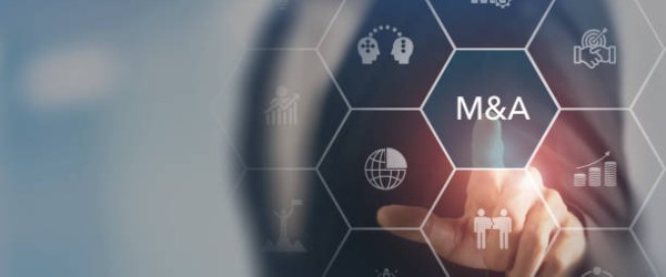Business mergers and acquisitions concept. Share acquisition, asset business acquisition, amalgamation. Business review and development model. The abbreviation M and A on smart background, copy space.